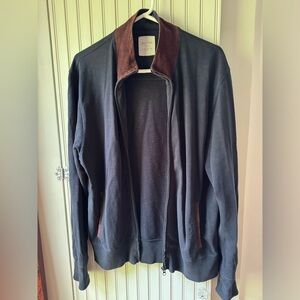 Billy Reid navy blue cotton zip jacket with brown suede accents, size large